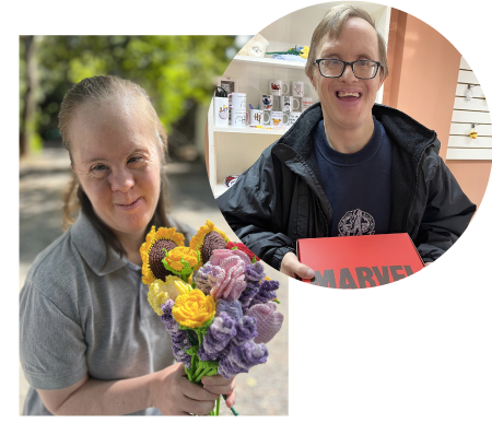 Regina y Carlos, colaboradores con Sindrome de Down de la tienda. Ambos sostienen productos, Ramo de flores de crochet y caja de regalo respectivamente