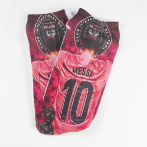 Medias sublimadas con dorsales de Messi con casaca del Inter de Miami color rosado y logo del Inter de Miami